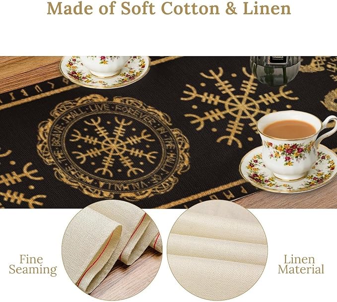 Viking Tree of Life Abstract Table Runner for Living Room Home Party Coffee Dining Party Wedding Golden Black Celtic Style Geometric Dragon Boat Rudder Ancient Script Table Runner 13x90 Inch