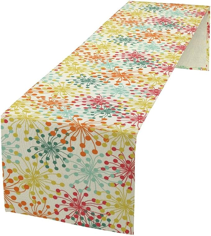 Mid Century Flower Table Runner, Colorful Geometric Abstract Chrysanthemum Vintage Farmhouse Decorations Orange Yellow Gray Table Runner for Kitchen Dining Holiday Party Decor, 13x60 Inch