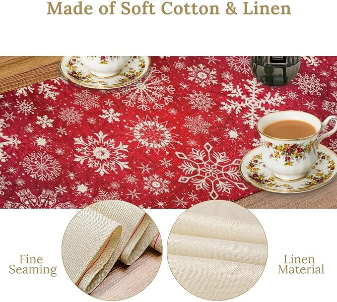 Snowflakes Christmas Table Runner, Winter Holiday Red Table Cloth Kitchen Dining Table Decoration for Home Party Decor 13x70 Inch