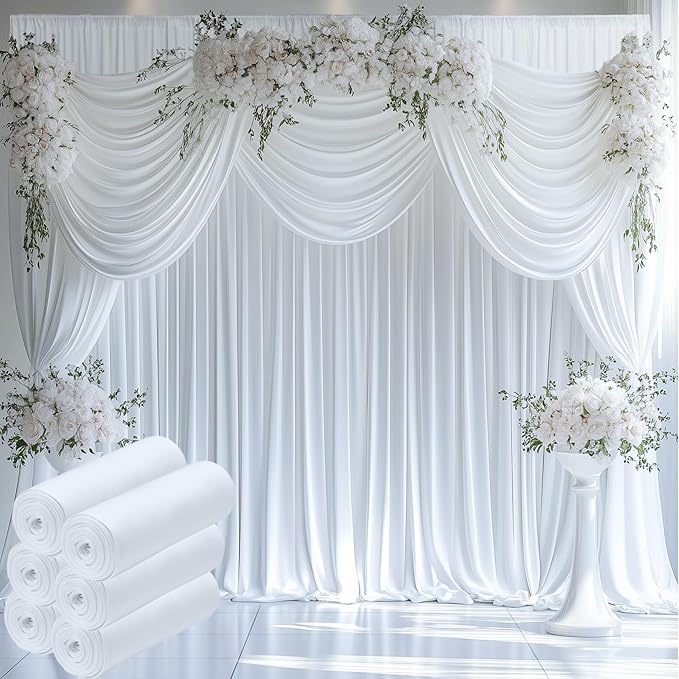 50ftx12ft Wrinkle Free White Backdrop Curtain, 10 Panels 12FT Height White Wedding Backdrop Drapes, Silky Polyester Back Drop Cloth for Birthday Photography Background Party Backdrop Draping