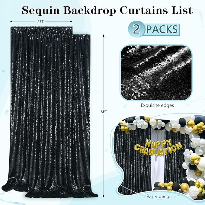 Black Sequin Backdrop 2 Panels 2FTx8FT Halloween Backdrop Curtains Party Decorations Birthday Wedding Photo Backdrop