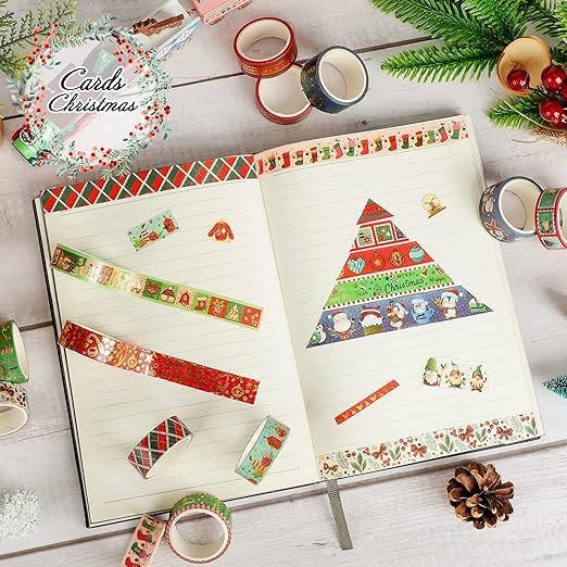 16 Rolls Christmas Washi Tape Holiday Masking Tape 4 Sizes Red Green Christmas Wrapping Tape Glod Foil Decorative Tape for Christmas Scrapbook Journal DIY Craft Gift Wrapping（Christmas
