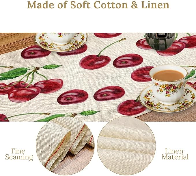 Red Cherry Table Runner Watercolor Tropical Fruit Spring Summer Wild Berry Dinner Runner for Girl Baby Shower Party Holiday Home Kitchen Dining Table Decor 13x108