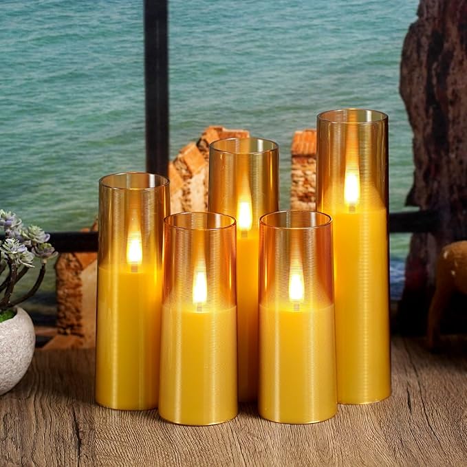 Flameless LED Candles, Upgraded Realistic Flickering Flame Battery Operated Candles with Remote Timer, Acrylic Electric Set of 5 for Romantic Ambiance and Home Decoration (Gold)