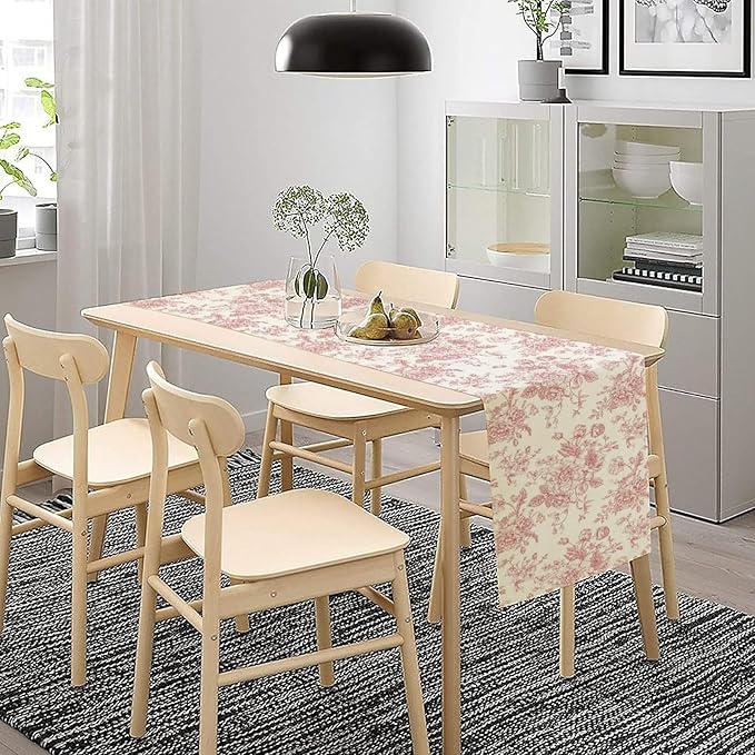 Pink White Flower Table Runner, Wildfloral Floral Sketch Pattern Print Kitchen Dinning Table Runner for Indoor Outdoor Home Wedding Party Holiday, 13x70 Inch