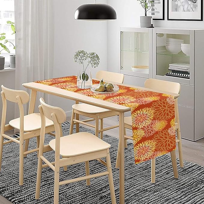 Yellow Floral Table Runner, Chrysanthemum Autumn Spring Summer Vintage Modern Linen Geometric Table Runner for Kitchen Living Room Bedroom Party Holiday, 13x108 Inch