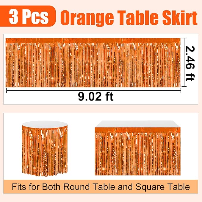 3 Pack 29 x108 Inch Orange Foil Fringe Table Skirts Metallic Banner for Tinsel Streamer Garland Backdrop for Parade Floats Wedding Thanksgiving Birthday Christmas Halloween New Year Party Decoration