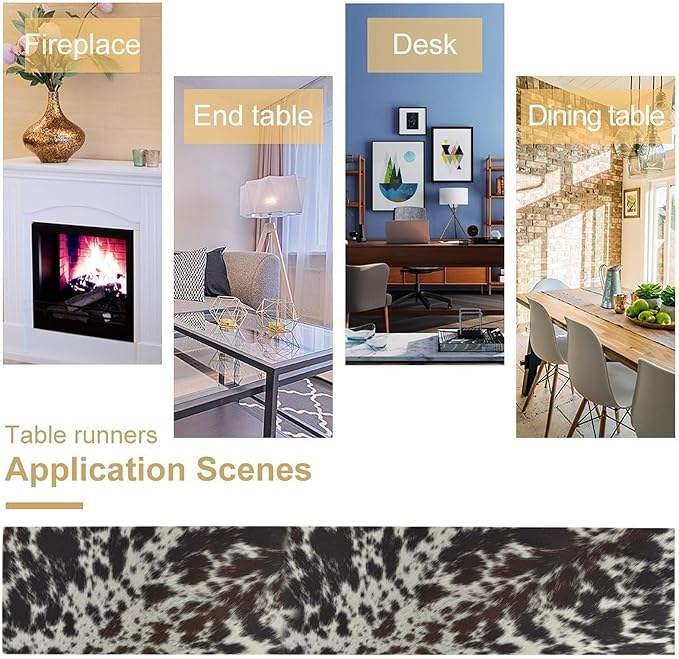 Cow Print Table Runner, Country Farm Animal Fur Skin Pattern Western Style Black Brown Cowhide Print Dinner Runner for Home Kitchen Dining Home Setting, 13x60 Inch