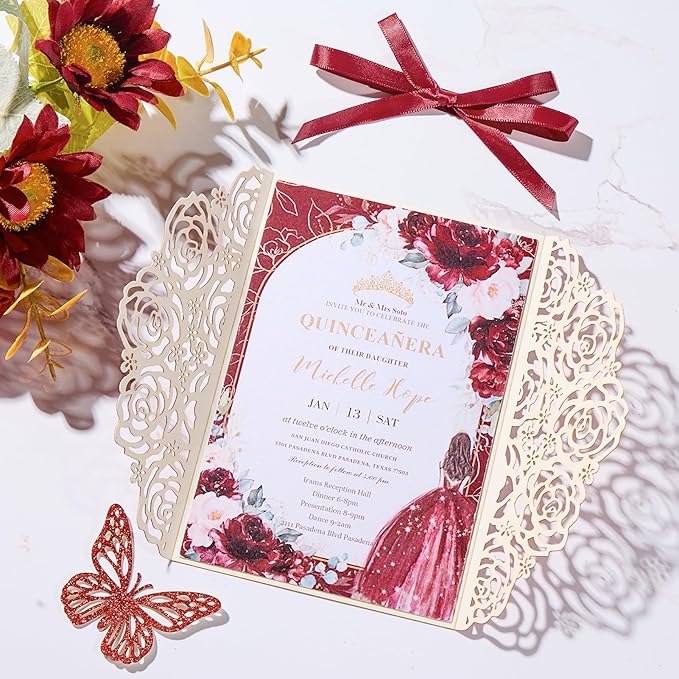 50pcs Burgundy Glitter Wedding Invitation Butterfly Rose Laser Cut Invitation Sleeve with Personalized Invitations Card, White Envelopes, for Wedding Bridal Shower Engagement (Default Blank Card)