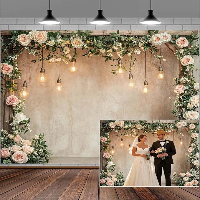 9x6ft Country Wedding Photography Backdrop Floral Rustic Roses Farmhouse Wooden Door Backdrop Pink Flower Birthday Baby Shower Wedding Bridal Party Banner Photo Booth Props Anniversary Background