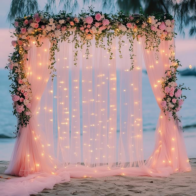 Fomcet Peach Tulle Backdrop Curtains with Lights String 10FT X 8FT Sheer Curtain with Lights Tulle Curtains Backdrop for Wedding Birthday Party Baby Shower Photo Shoot (2 Panels 5x8FT)