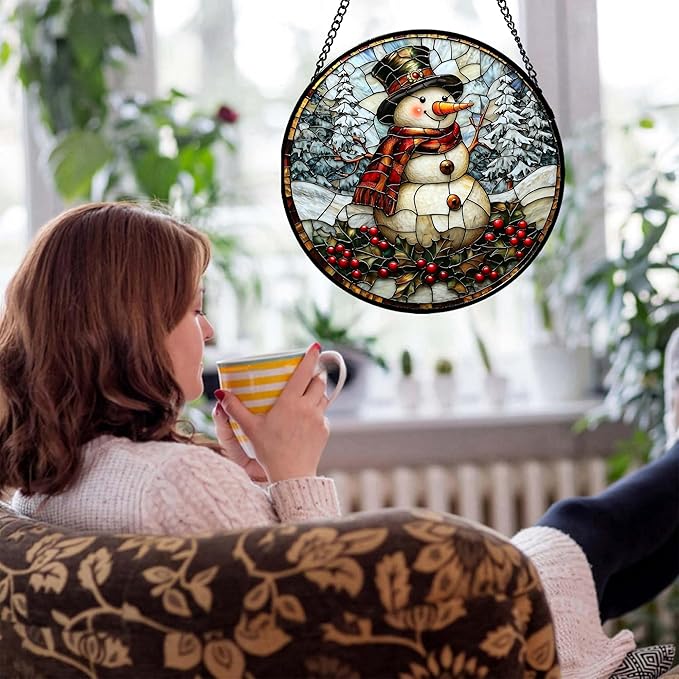 Stained Glass Window Hanging - Christmas Snowman Suncatcher for Door Terrace Garden Home Decor Winter Forest Snow Sun Catcher Birthday Gifts for Lovers Women Men Dad Mom Nana 11.8 in