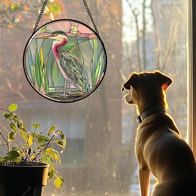 Stained Glass Window Hanging 4 Pcs Set Cute Animal 7.8"- Green Plant Pink Suncatcher Door Garden Sun Catcher Decor Birthday Christmas for Mom Woman Nana Men Friend