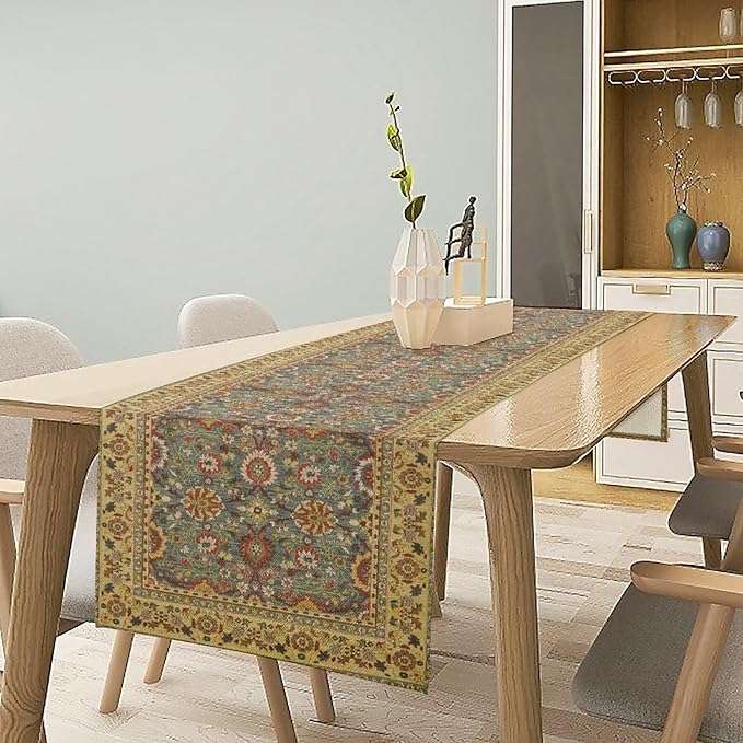 Boho Floral Vintage Beige Blue Table Runner, Retro Flower Rustic Country Farmhouse Abstract Pattern for Home Kitchen Table Decor Dining Coffee Room Party Decor 13x60in