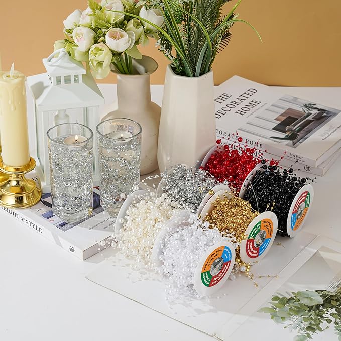 13Feet Pearl String Spool Roll for Floating Candles Faux Pearls Strands Garland for Vase Filler Wedding Centerpiece Christmas Table Decor (White)