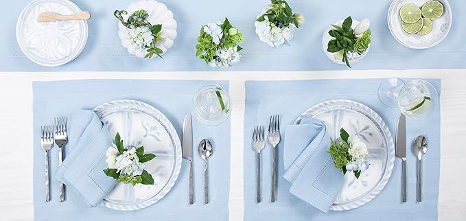 Solino Home Linen Sky Blue Table Runner 132 Inches Long - 100% Pure Linen Extra Long Table Runner 14 x 132 Inch for Christmas - Classic Hemstitch