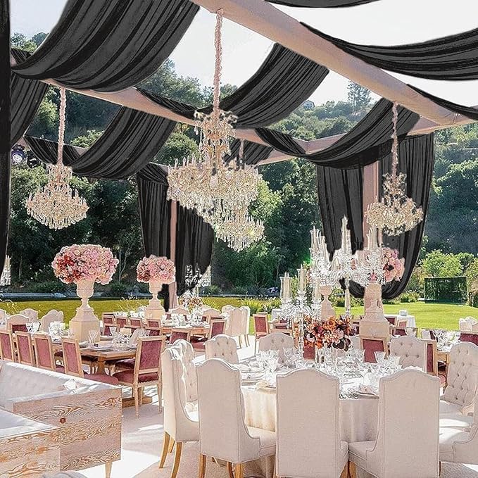 MODFUNS Black Ceiling Drapes Wedding Arch Draping Fabric 5x20ft 6 Panels Chiffon Sheer Ceiling Curtain Elegant Ceiling Draping Fabric for Wedding Ceremony Party Ceiling Decoration