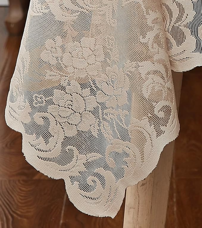 LinenZone Linen Round Tablecloth for Rustic Vintage Decor. Sheer Lace Tablecloth Works Great As Wedding, Thanksgiving or Christmas Decor (Mia 90 Round, Linen)
