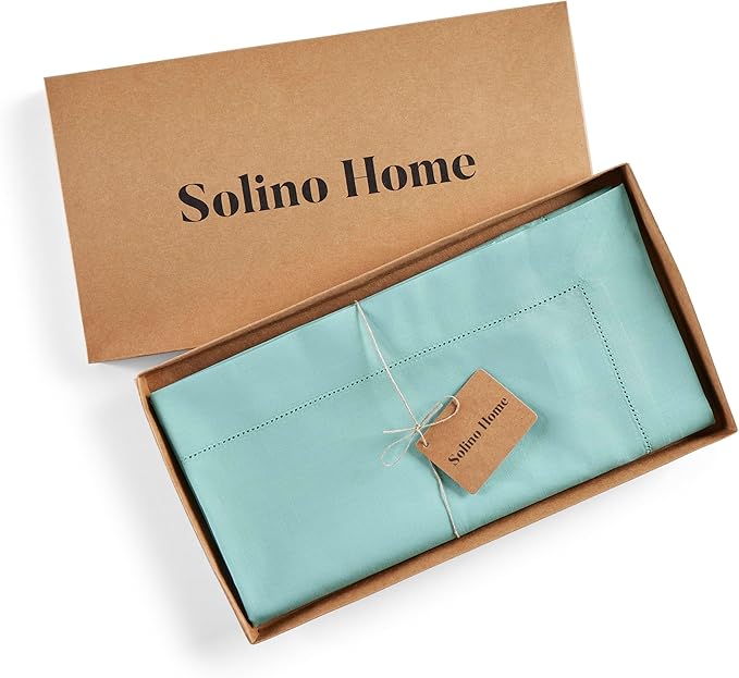 Solino Home Cotton Linen Table Runner 48 Inches - Pastel Turquoise Hemstitch Table Runner 14 x 48 Inch Ideal for Dresser and Coffee Tables