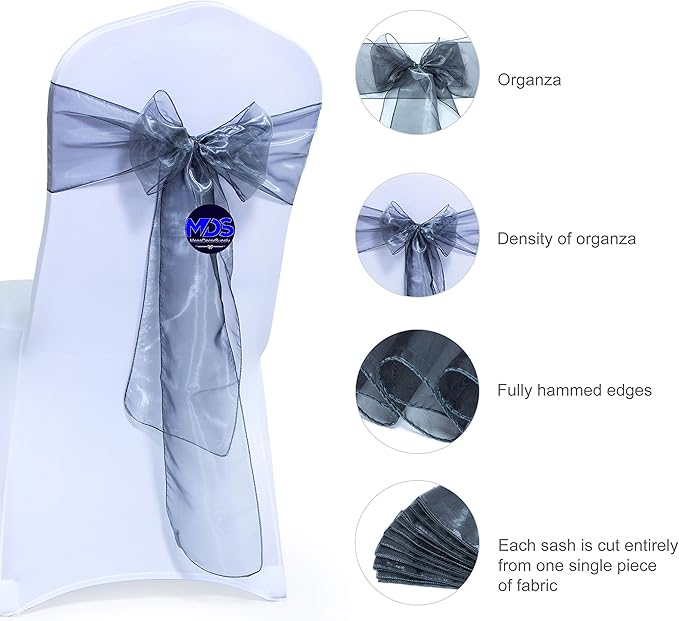 MDS Pack of 50 PCS Organza Chair Sashes Wider Dining Chair Bows Ribbon Tie Back for Wedding Party Birthday Bridal Shower Reception Event Banquet Home Chair Cover Decoration - Silver Gray