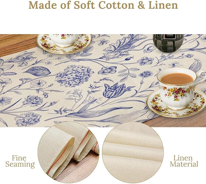 Monochrome Sketch Flowers Table Runner, Seasonal Spring Fall Plants Blue Florals Dinner Runner for Home Kitchen Dining Table Party Holiday Decoration 13"x60"
