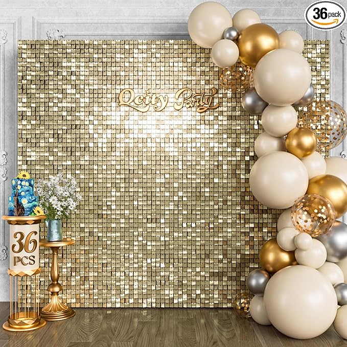 Qcity Light Gold Shimmer Wall Backdrop 36PCS, Black Back Not See-Through Design, Square Sequin Glitter Backdrop Panel, Perfect for Outdoor Events, Birthdays, Wedding and Party Decoration