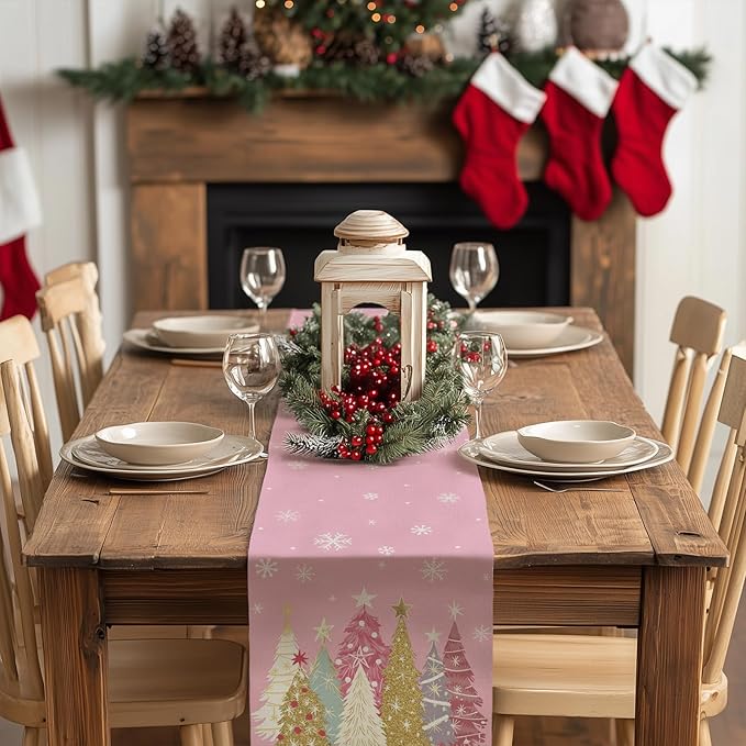 GEEORY Christmas Table Runner 13x108 Inch, Xmas Trees Snowflakes Holiday Decorative Farmhouse Table Decoration for Kitchen Dinning, Indoor Outdoor Dinner Party Decor (Pink) GT153-108