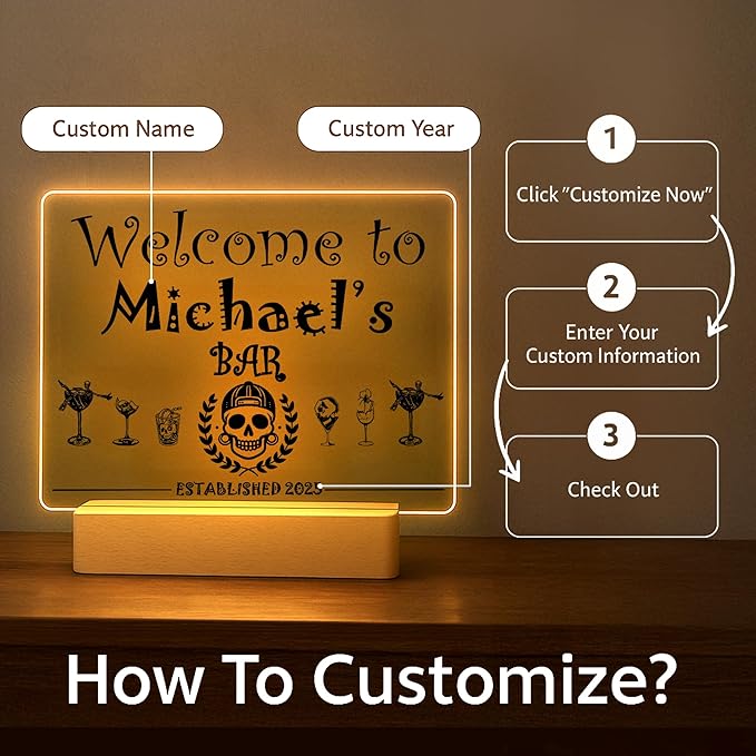 Personalized Bar Gifts for HOME BAR, Custom Name Date Acrylic Light Up Signs, Customized Acrylic Plaque with Night Light, Personalized Night Light for Man Cave Decor