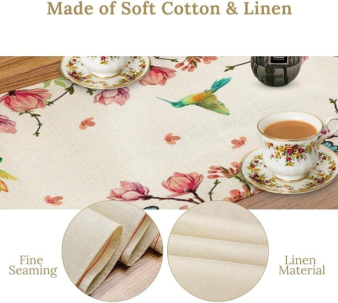 Vintage Watercolor Flower Hummingbird Table Runner Seasonal Spring Garden Plants Birds Florals Farmhouse Country Kitchen Dinner Runner Dining Table Decoration 13"x108"