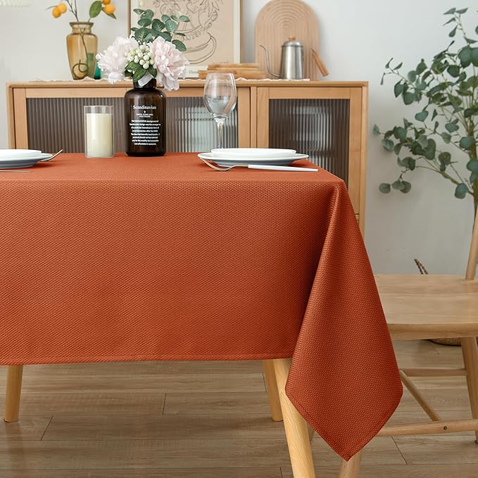 Biscaynebay Fall Tablecloth Textured Fabric Square Tablecloths 90x90 Inch, Rust Thanksgiving Autumn Harvest Water Resistant Fabric Tablecloths for Kitchen, Dining, Wedding, Parties Machine Washable