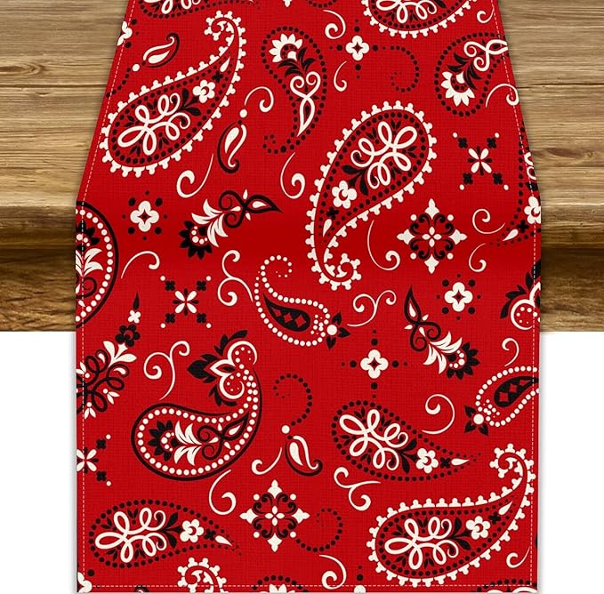 Paisley Table Runner, Boho Vintage Western Red Paisley Flower Print Table Runner for Kitchen Dining Table Wedding Holiday Party Decor, 13x120inch