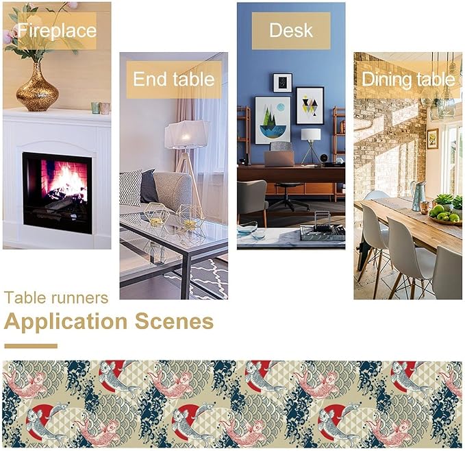 Japanese Table Runner Oriental Tradition Kio Fish Art Printed Burlap Runner Home Kitchen Dining Table Living Room Decor Fabric 1 Panel W13xL70in