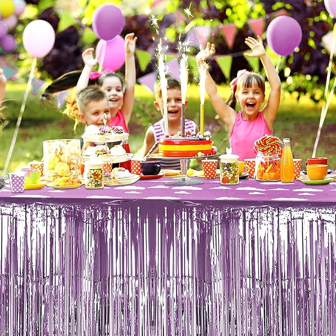 4 Pack 29x108 Inch Metallic Foil Fringe Tinsel Table Skirts for Rectangle Tables Streamer Backdrop for Wedding, Birthday, Parade Floats, Christmas, Halloween Party Decoration(New Light Purple)
