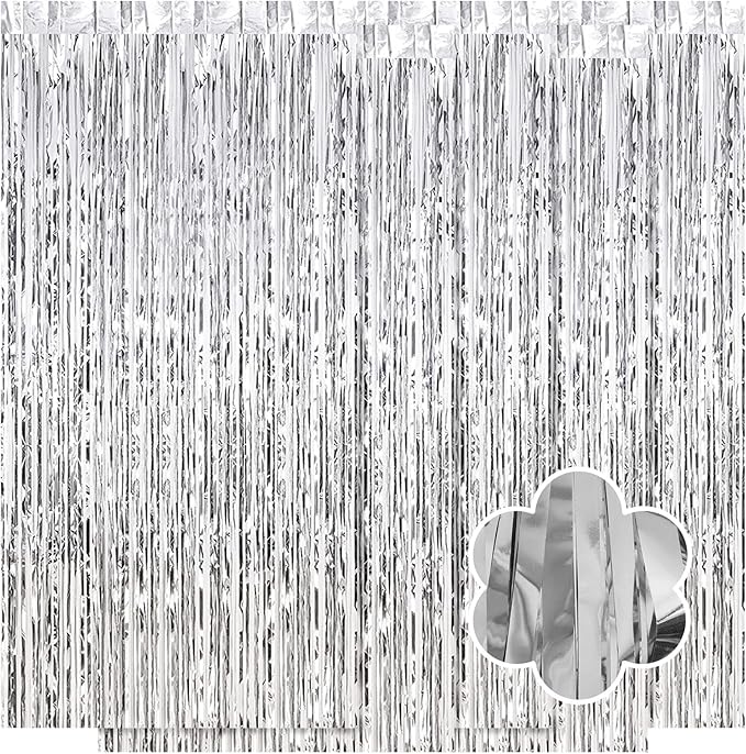 5 Pack Silver Foil Curtain Backdrop 3.2ft x 9.8ft Metallic Tinsel Foil Fringe Curtains Streamer Photo Booth Backdrop for Birthday Party Engagement Bachelorette Party Decorations (Silver)
