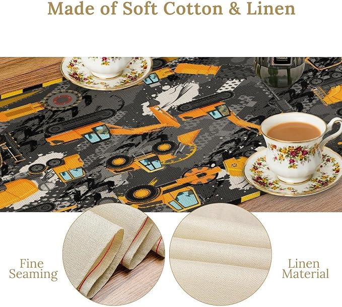 Cartoon Car Table Runner,Boy Kids Construction Yellow Tractor Excavator Tablecloth Burlap for Hotel Indoors Outdoor Dining Room Kitchen Home Decor,W13X L108 in