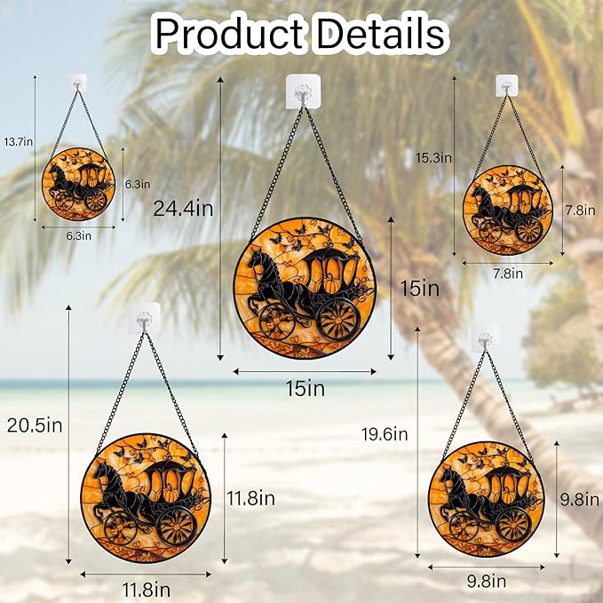 Stained Glass Window Hanging - Halloween Pumpkin Carriage Suncatcher for Doors Window Garden Indoor Spooky Funny Orange Sun Catchers Gothic Decor Horror Gifts for Women Men Friend 7.8 in