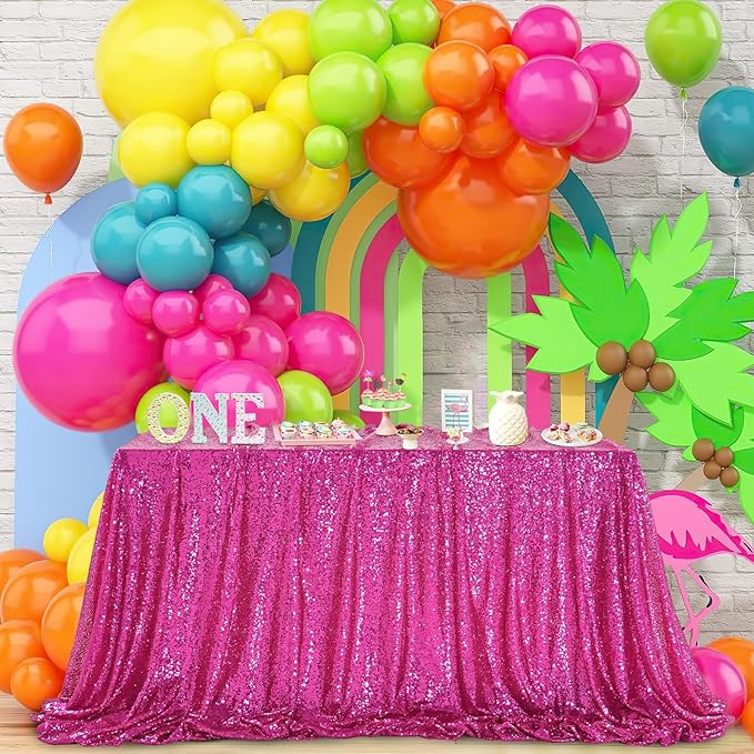 QueenDream Tablecloth Hot Pink Birthday Decorations: 90x90 Inch Sequin Tablecloth Drapes Glitter Fabric Wedding Party Table Overlay