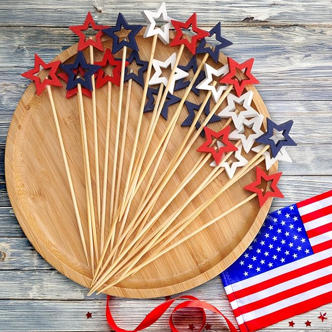Minisland Big White Star Cocktail Picks, 5.5 Inch Long Bamboo Fancy Toothpicks for Appetizers, Decorative Independence Day Christmas Party Food Drinks Garnish Fruit Skewer Sticks 50 Counts - MSL434