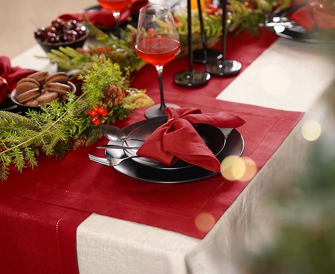 Linen Table Runner 14 x 72 Inch Long - 100% Pure Linen Christmas Red Table Runner - Cloth Fabric Hemstitch Runner for Thanksgiving, Christmas, Winter, New Year - Elara