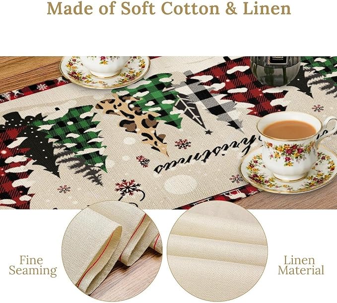 Christmas Tree Table Runner,Farmhouse Xmas Trees Buffalo Plaid Winter Snowflake Tablecloth Burlap for Hotel Indoors Outdoor Dining Room Kitchen Home Decor,W13X L90 in
