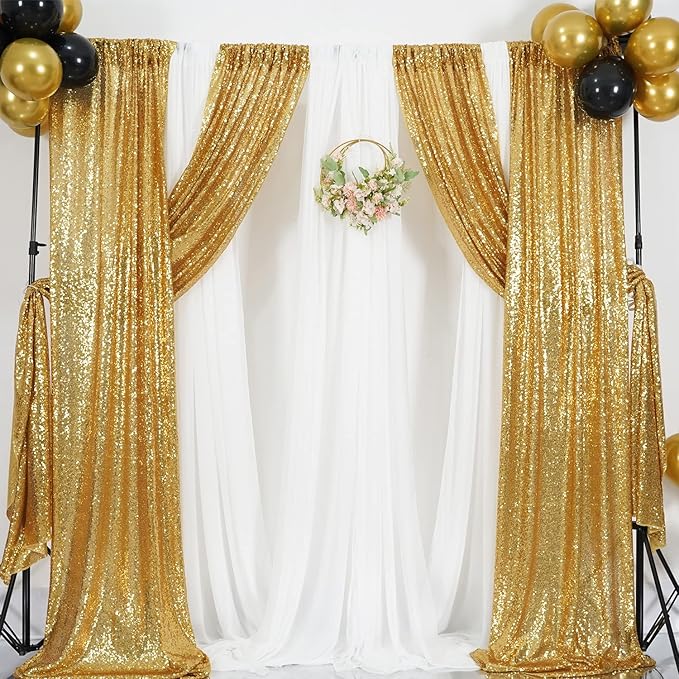 Poise3EHome Gold Sequin Backdrop Curtains,4 Panels 2FTx8FT Glitter Background for Party Birthday Party Baby Shower Wedding Christmas Thanksgiving Halloween Holiday Festival Decor