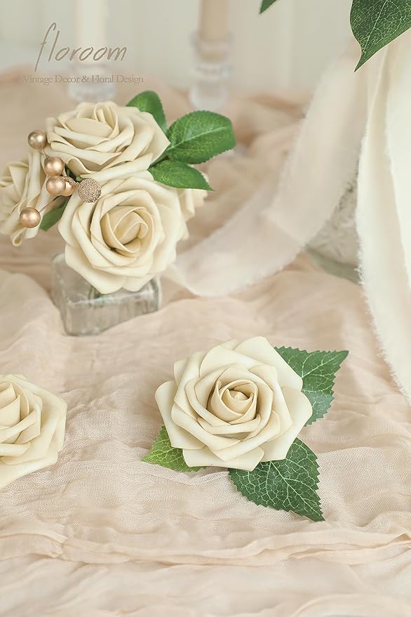 Floroom Artificial Flowers 25pcs Real Looking Beige Foam Fake Roses with Stems for DIY Wedding Bouquets Bridal Shower Centerpieces Floral Arrangements Party Tables Home Decorations