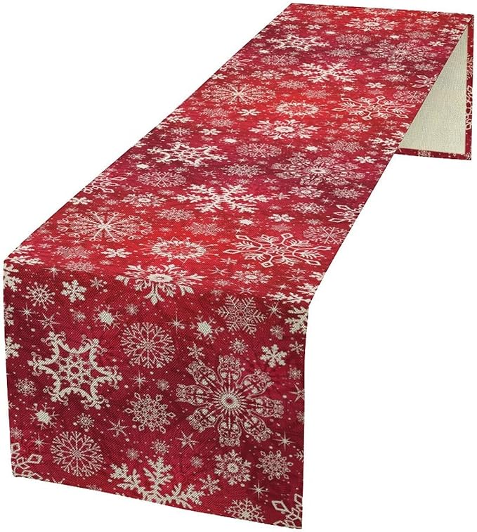 Snowflakes Christmas Table Runner, Winter Holiday Red Table Cloth Kitchen Dining Table Decoration for Home Party Decor 13x60 Inch