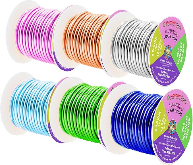 Mandala Crafts 8 Gauge Anodized Aluminum Craft Wire for Jewelry Making - 120 FT Colored Flexible Silver Copper Ice Blue Pink Ice Blue Green Wire - Bendable for Bonsai Armature Crafting Sculpting