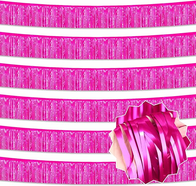 6 Pack 10 Ft Fuchsia Foil Fringe Garland Metallic Streamers Tinsel Banner Wall Hanging Garland Backdrop for Parade Floats, Halloween, Christmas, Thanksgiving, New Year Party Decorations