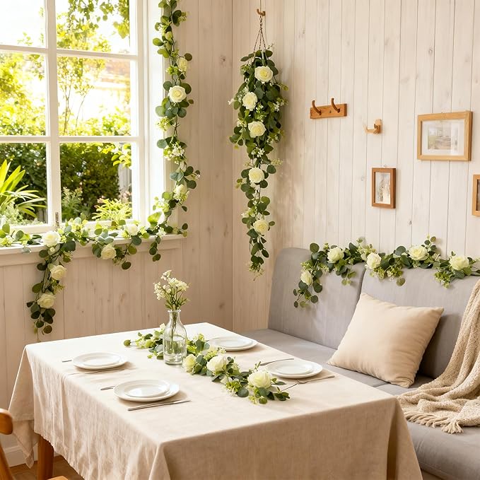 2 Pack 5.9 FT Artificial Flower Garland with Lights, Fake Floral Garland with 12 White Roses, White Flower Decorations for Arch Table Centerpieces Backdrop Party Home Wedding Decorations