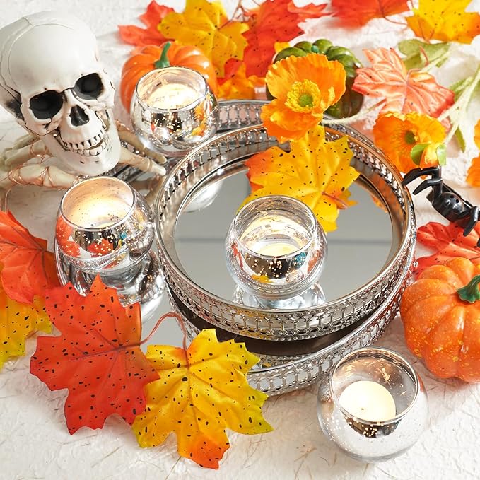Homemory 24 Pcs Silver Votive Candle Holders, Round Mercury Glass Candle Holder, Tealight Candle Holders for Table Centerpieces, Baby Shower, Anniversary, Wedding, Home Decor, Halloween, Christmas