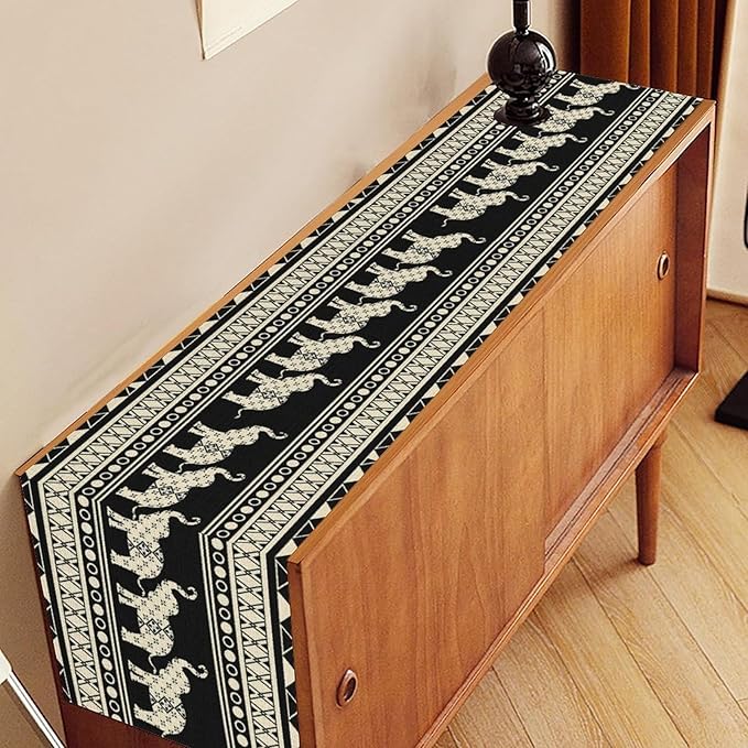 Ethnic Table Runner, Rustic Farmhouse Boho Geometric Elephant Aztec Tribal Print Black Table Center Decor for Home Kitchen Dining Patio Holiday Party Indoor Outdoor Table Decorations, 13"x72" Inch