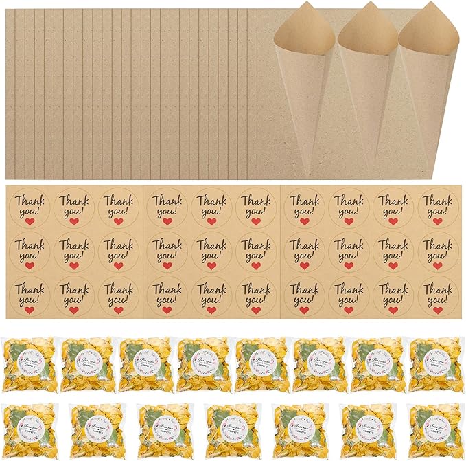 PATIKIL Dried Flower Confetti Cones, 30Pcs Paper Tapers Cone Holder with Dried Rose Petals / Sticker for Wedding Party Engagement Birthday DIY Decoration, Yellow/Green