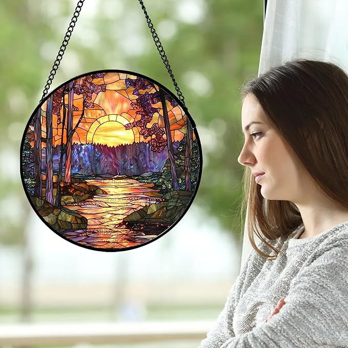 Stained Glass Window Hanging, Orange Landscape Green Purple Lake Forest Suncatcher for Doors Window Home Sun Catchers Decor Mother's Day Birthday Gifts for Women Men Mom 7.8 in